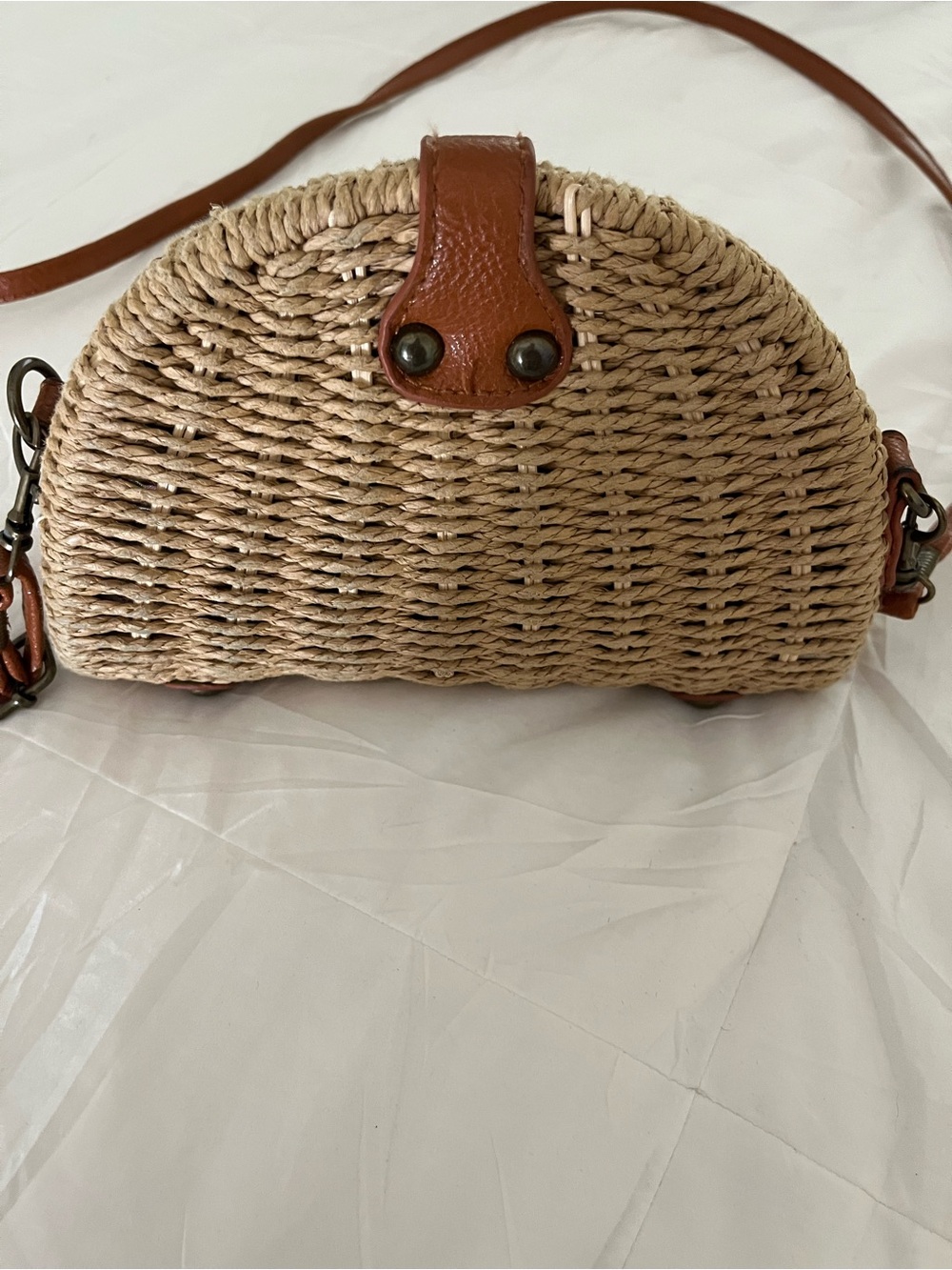 Woven Straw Crossbody Bag with Brown Leather Trim
